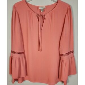 LOFT Coral Pink Bell Flare Sleeve Tie Neck Blouse Women's M